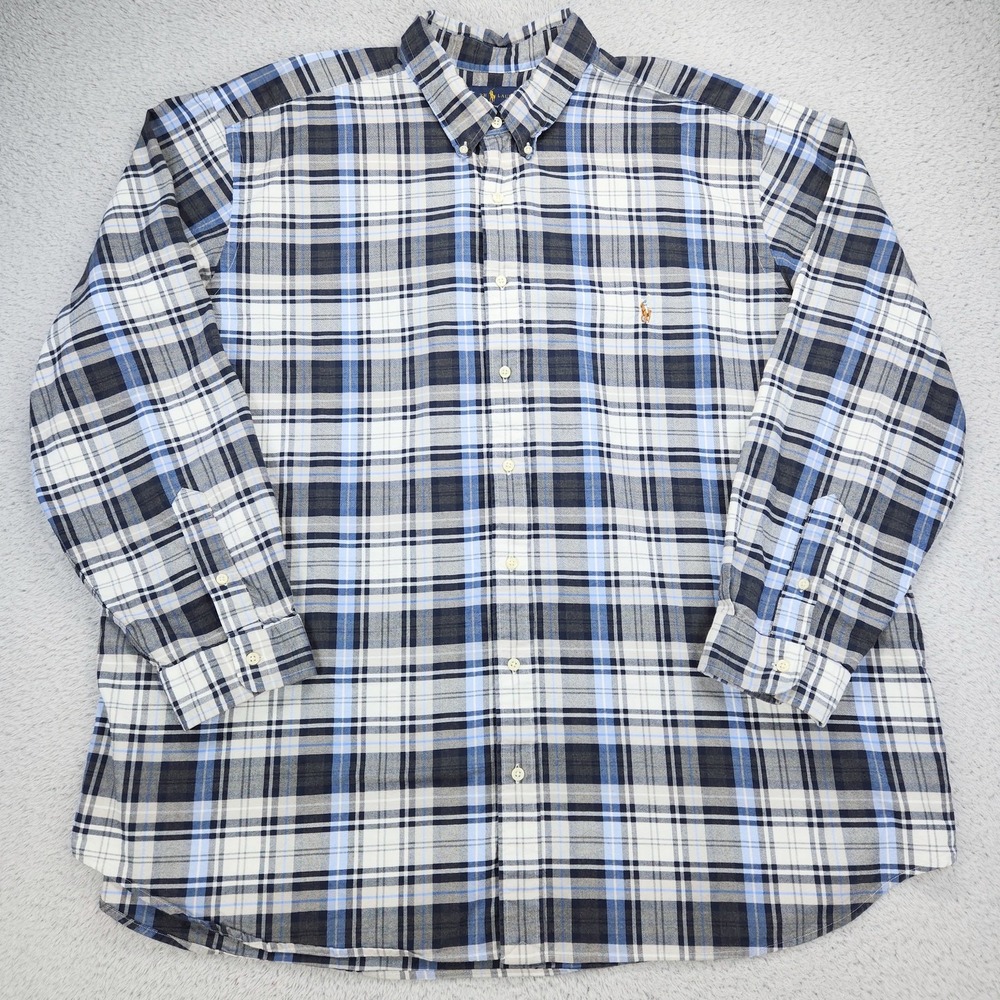 Ralph Lauren Shirt Mens Big 3X Blue Plaid Long Sleeve Button Down Cotton Casual
